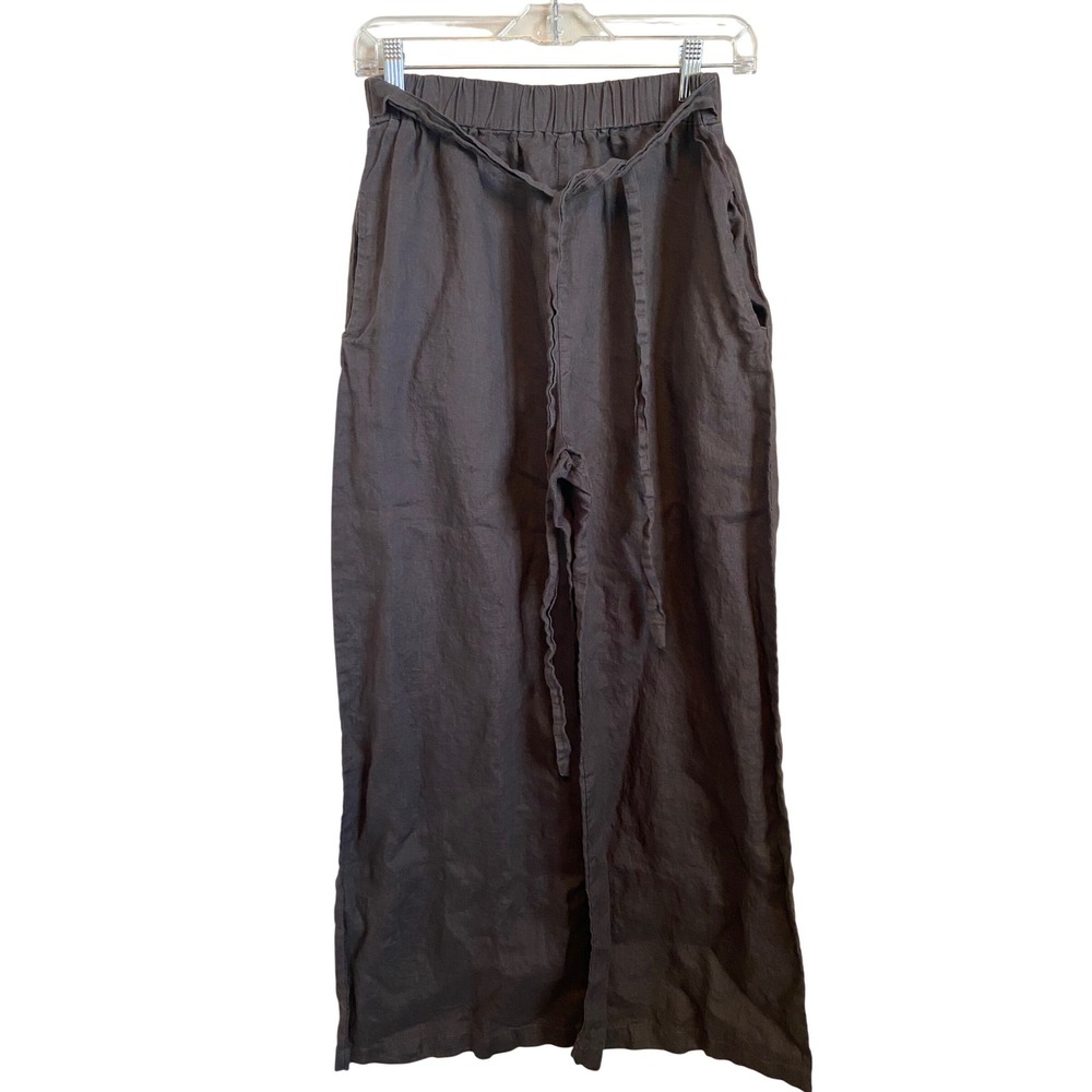tonlé Espresso Brown Linen Wide Leg Pants Elastic Waist Tie Sustainable Medium